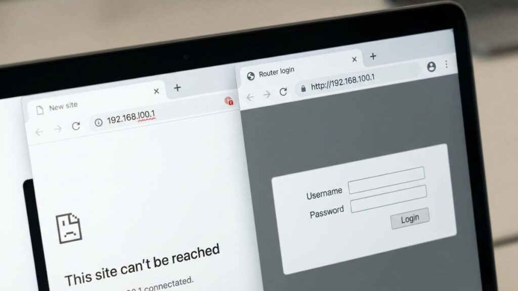 192.168.100.1 router login page with username password fields and site cannot be reached error on browser