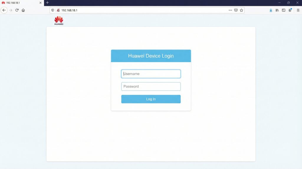 192.168.18.1 Huawei device login admin page with username and password fields
