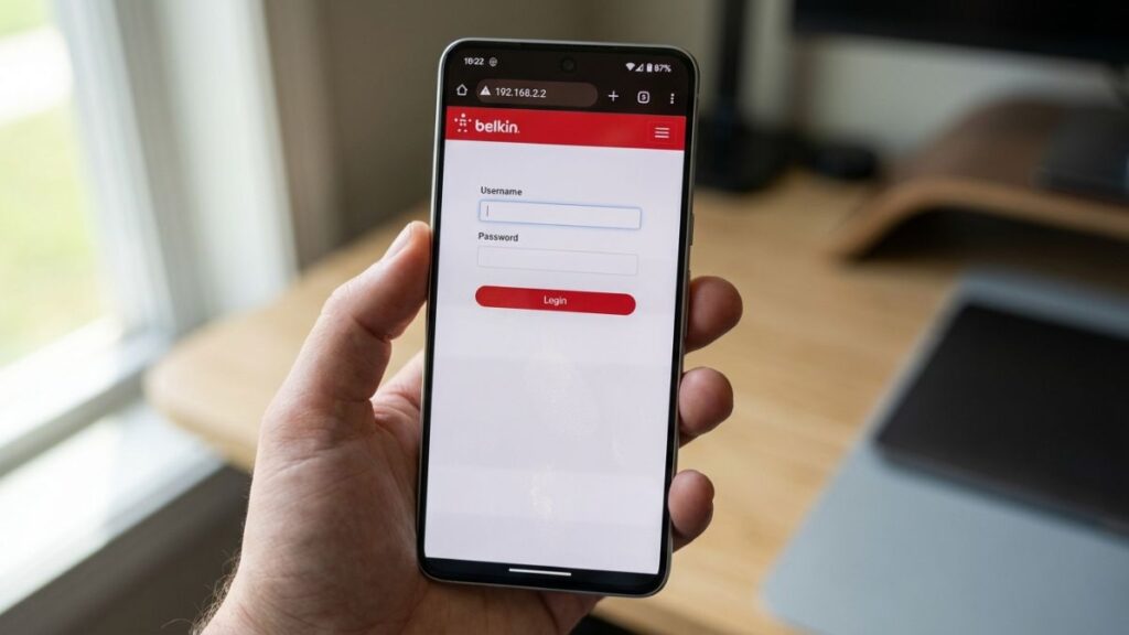 Smartphone displaying Belkin-style router login page at 192.168.2.2 with username and password fields in a modern mobile UI
