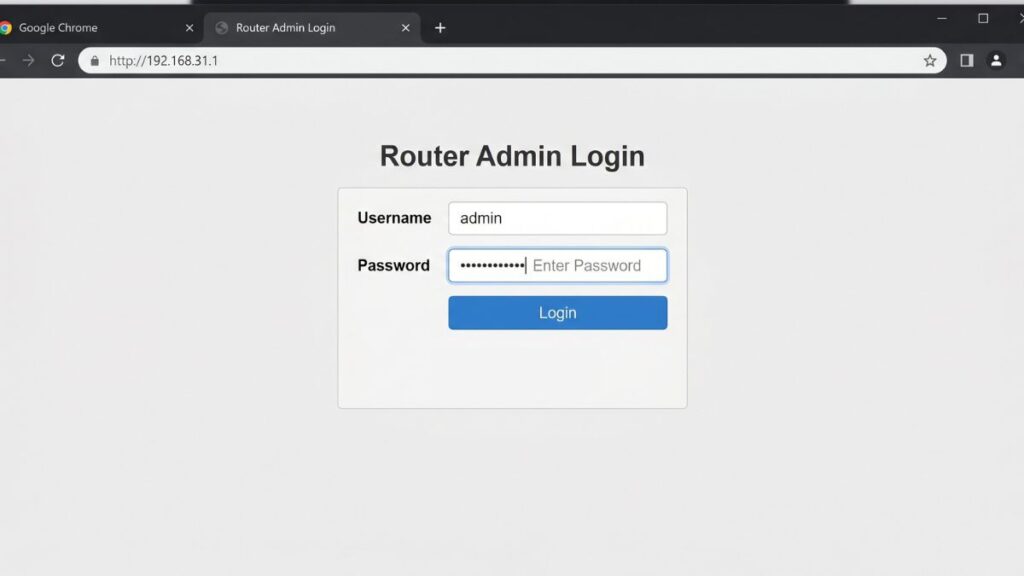 192.168.31.1 router admin login page showing username admin and password field in browser interface