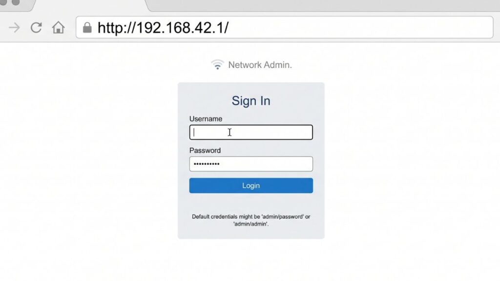 192.168.42.1 network admin login page showing sign in form with username and password fields in browser