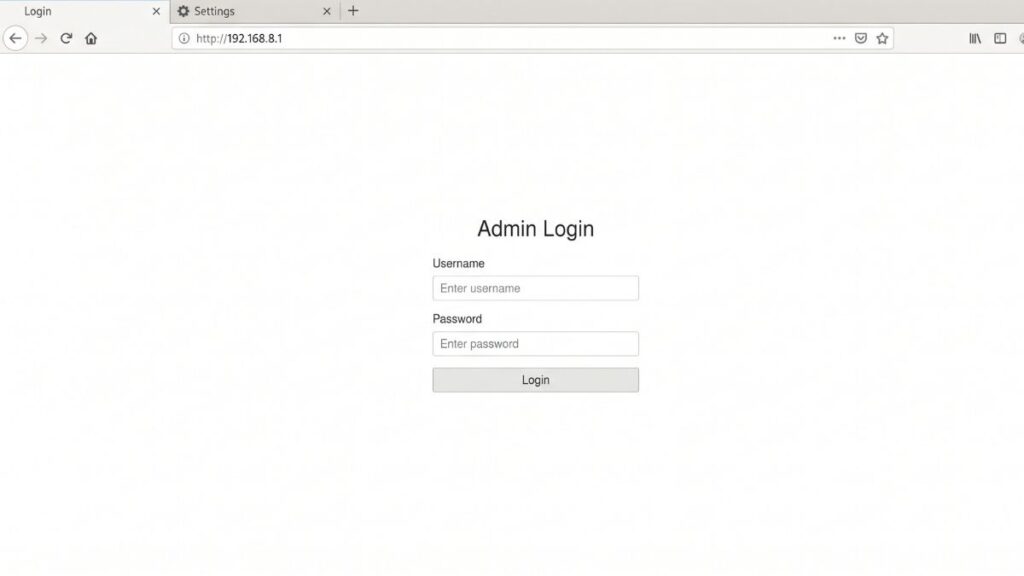 192.168.8.1 router admin login page in browser with username and password fields