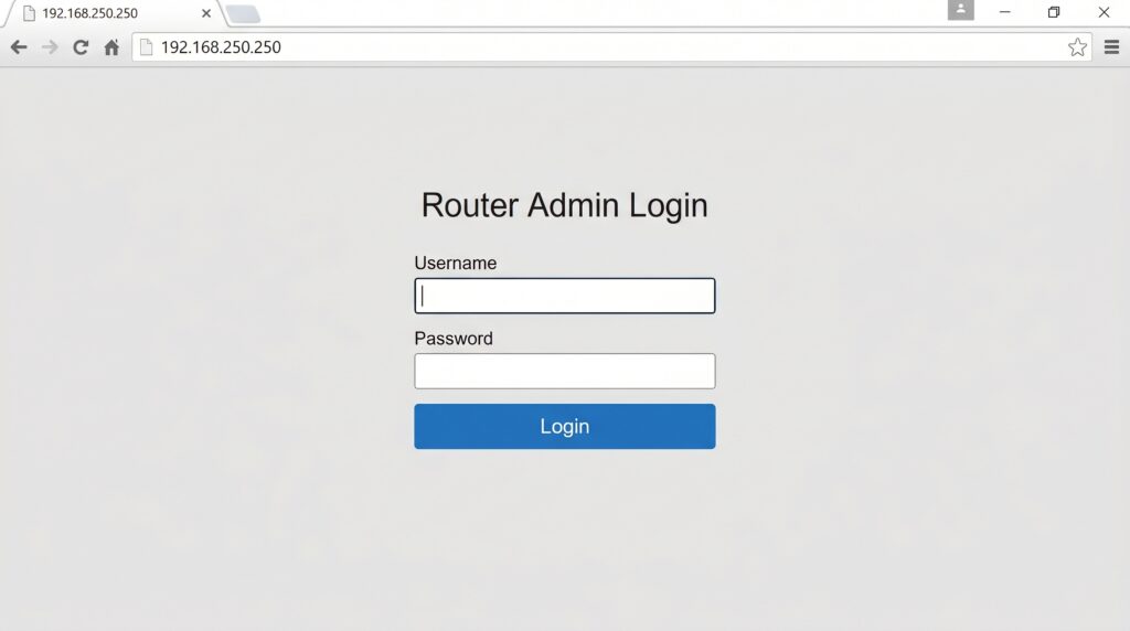192.168.250.250 router admin login page with username and password fields