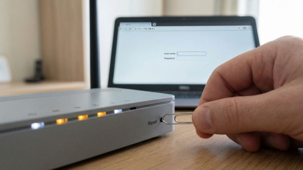 hand pressing router reset button with paperclip to fix router login issues and restore default settings