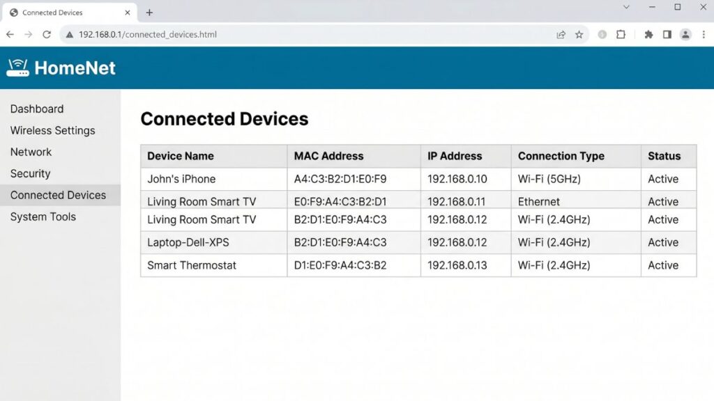 Router connected devices list showing device names, IP addresses and MAC addresses in admin panel