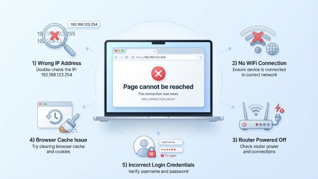router login not working error showing page cannot be reached with causes like wrong IP no wifi router off cache issue and incorrect credentials