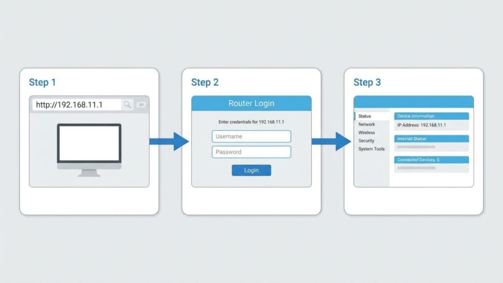 step by step router login process showing 192.168.11.1 login page username password and admin dashboard access
