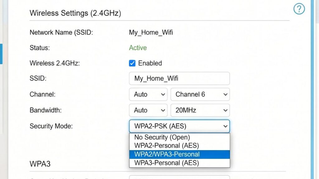 Router wireless settings showing WPA2 and WPA3 security mode options for WiFi protection