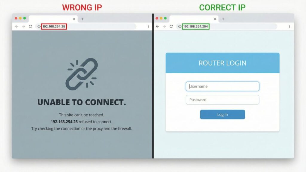 wrong ip vs correct ip router login example showing 192.168.254.25 error and 192.168.254.254 admin login page
