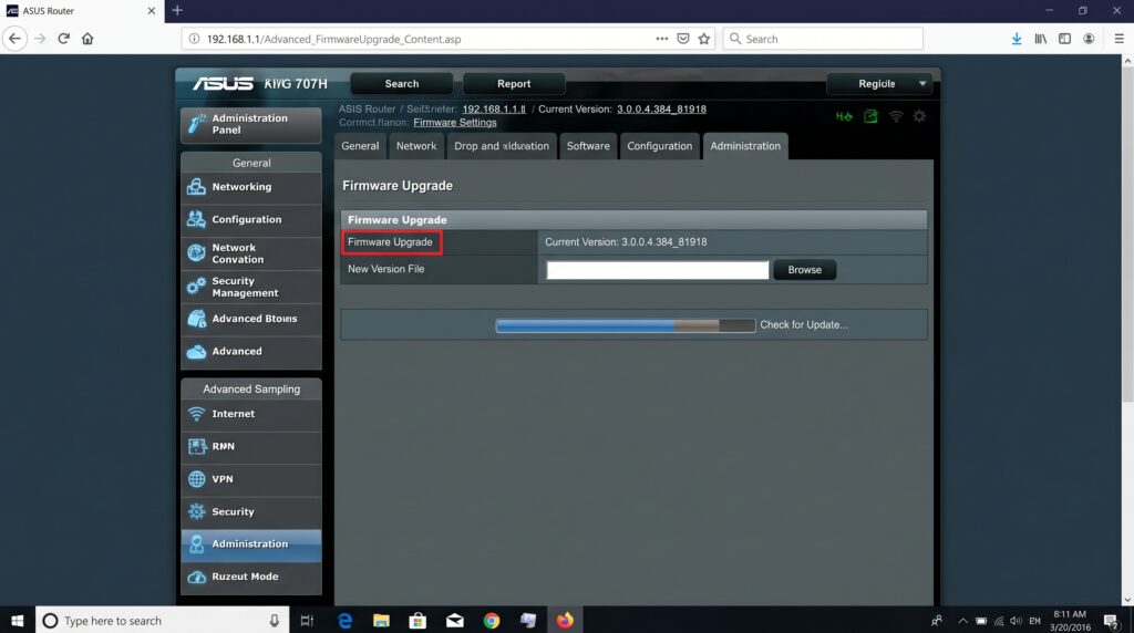 router system backup and restore settings showing export config import config and reset to default options