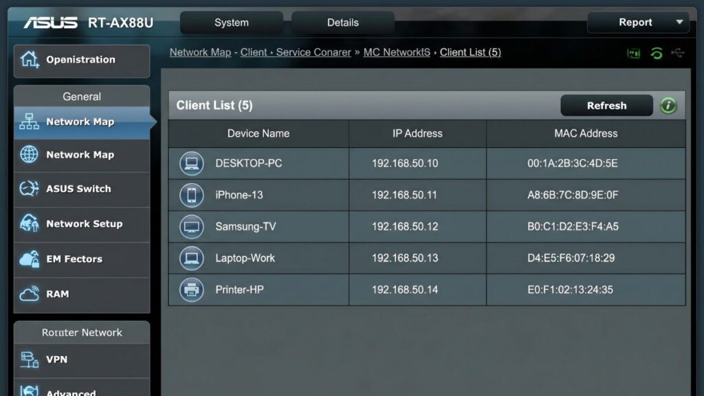 asus router client list showing connected devices with ip and mac address