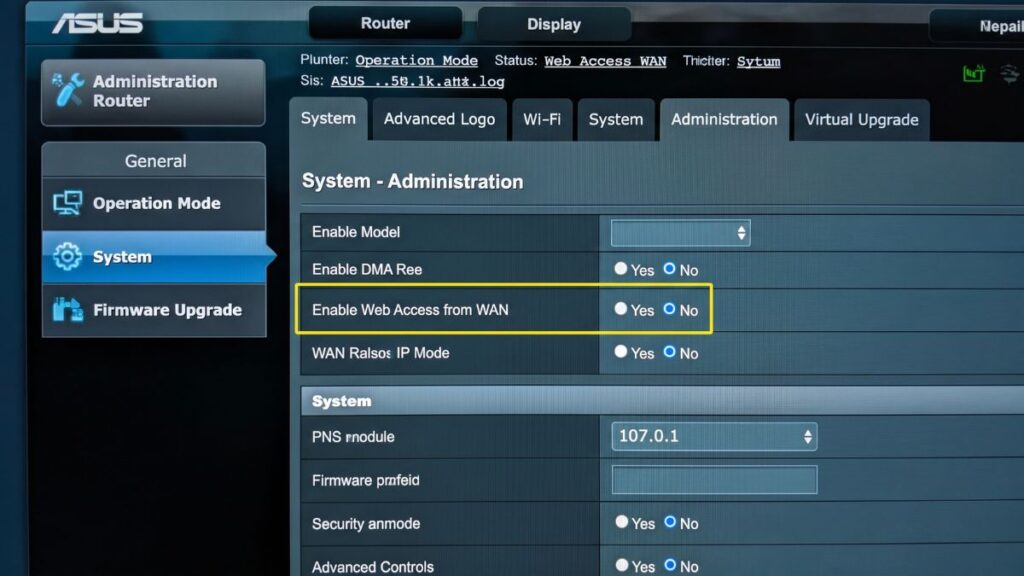 ASUS router administration panel showing Enable Web Access from WAN remote management setting