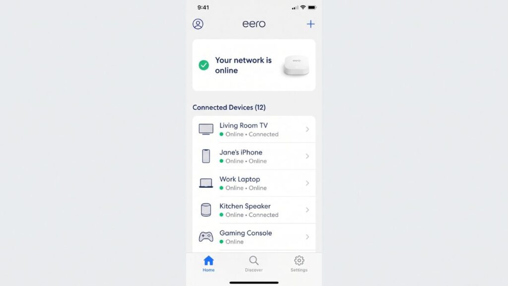 eero WiFi app dashboard showing connected devices and online network status on smartphone