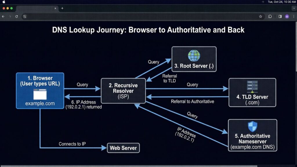 DNS lookup process diagram showing browser, recursive resolver, root server, TLD server, and authoritative nameserver steps