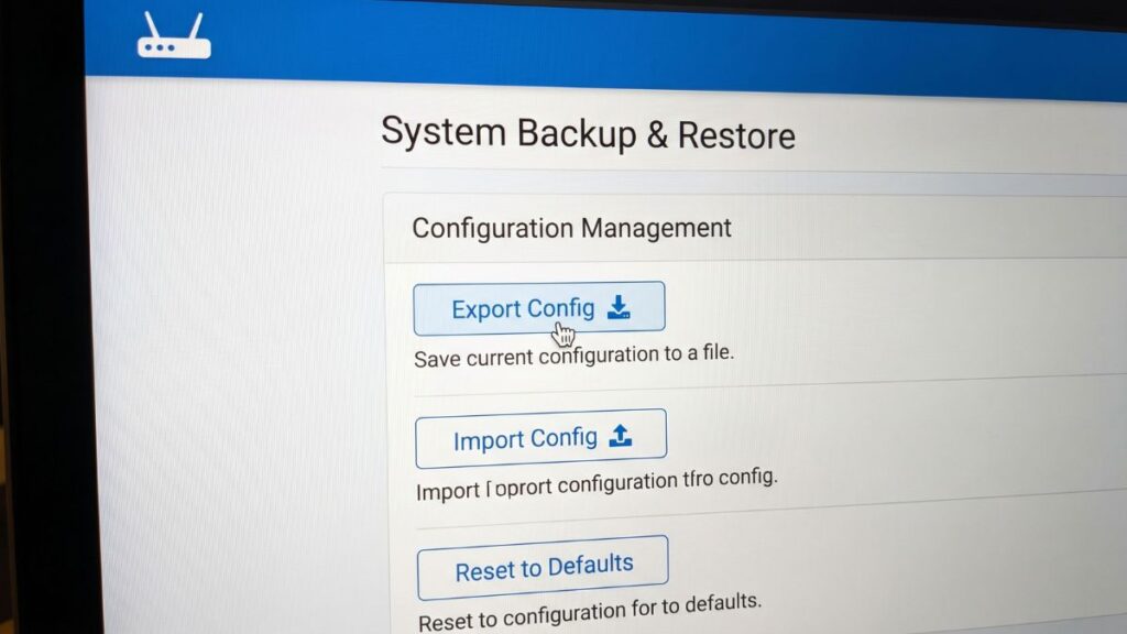 router system backup and restore settings showing export config import config and reset to default options