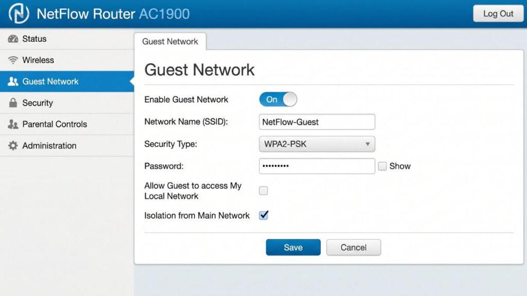 router guest network settings showing enable guest wifi ssid password wpa2 security and network isolation option