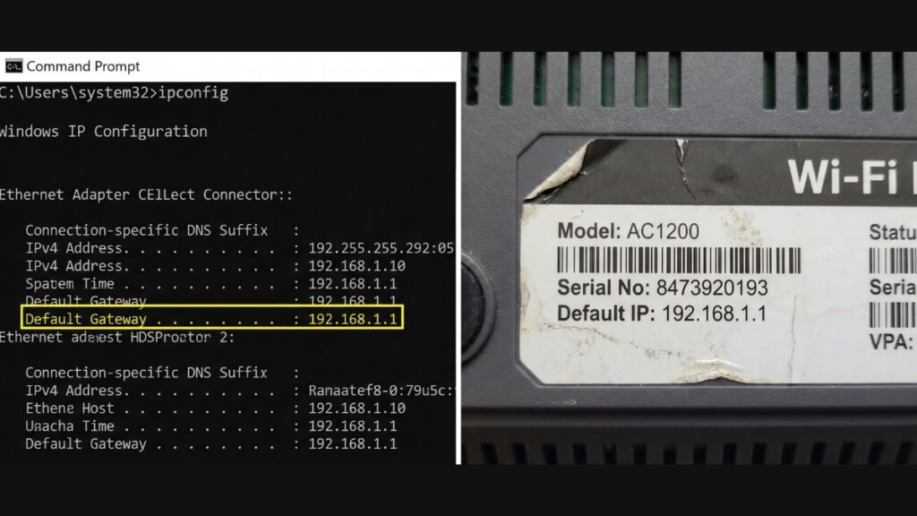 ipconfig command showing default gateway 192.168.1.1 and router sticker displaying default ip address