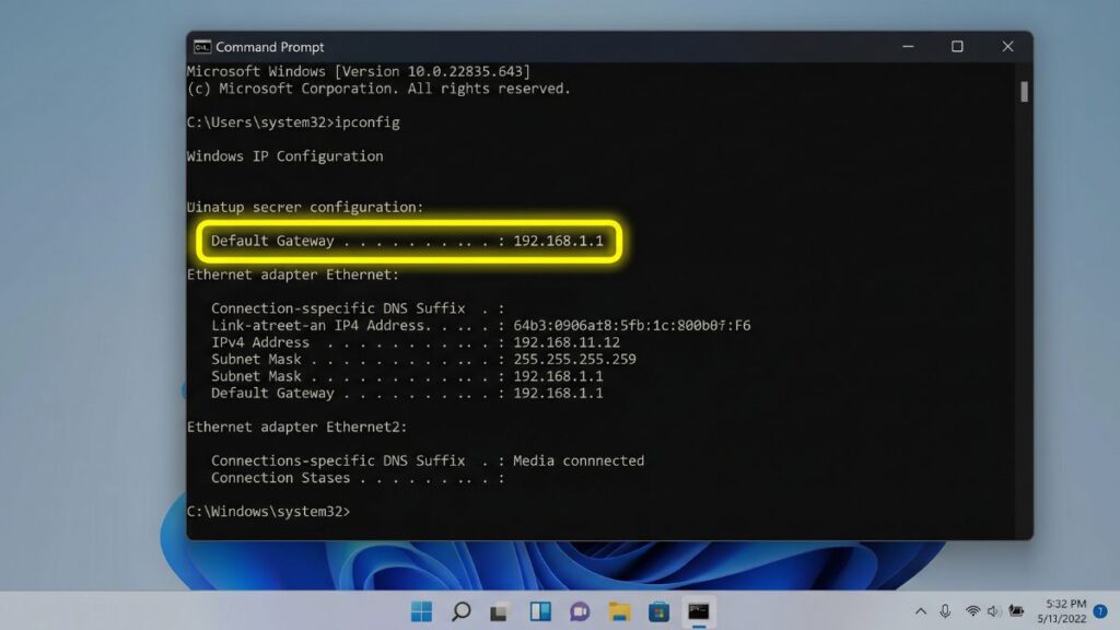 ipconfig command showing default gateway 192.168.1.1 in windows command prompt