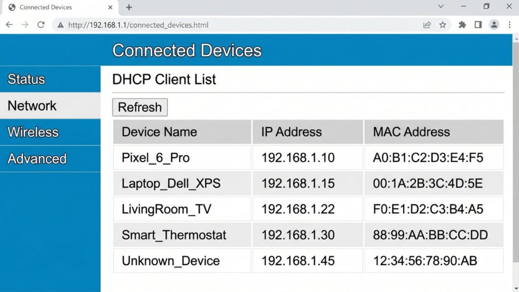 router connected devices dhcp client list showing ip address and mac address
