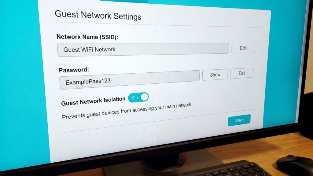 guest wifi network settings screen showing ssid password and guest network isolation enabled on router