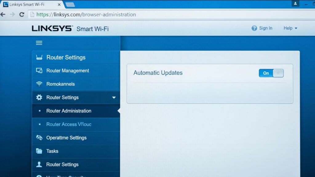 Linksys Smart Wi-Fi browser administration dashboard showing router settings and automatic updates