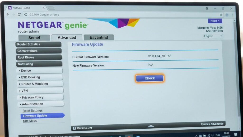 Netgear Genie router admin panel showing firmware update settings on a laptop browser
