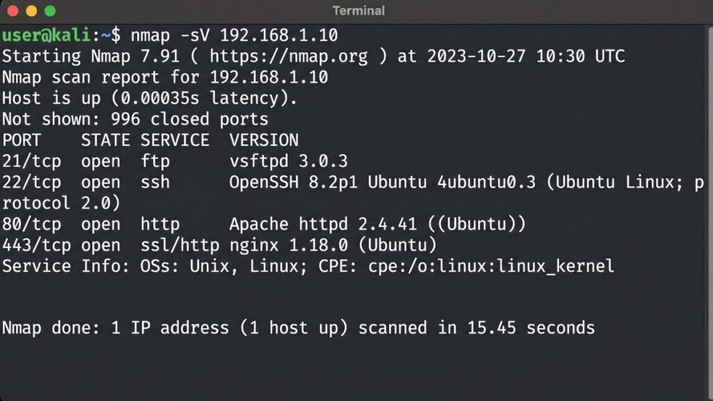 nmap -sV scan output showing open ports 21 ftp 22 ssh 80 http 443 https on linux server