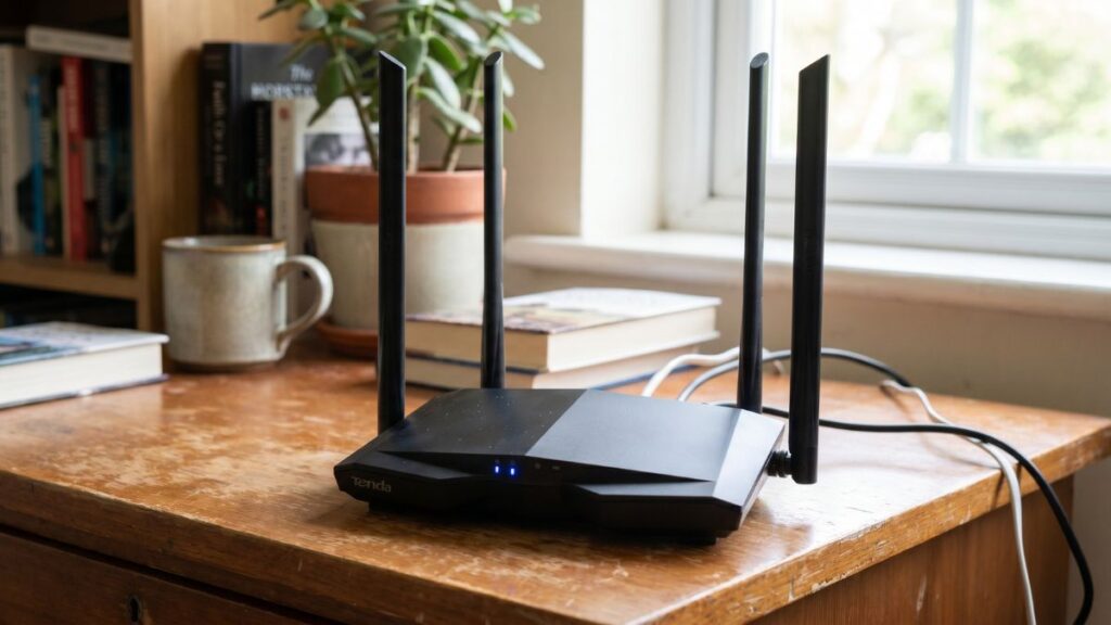 Tenda AC10 dual-band WiFi router with four antennas placed on a wooden desk in a home office