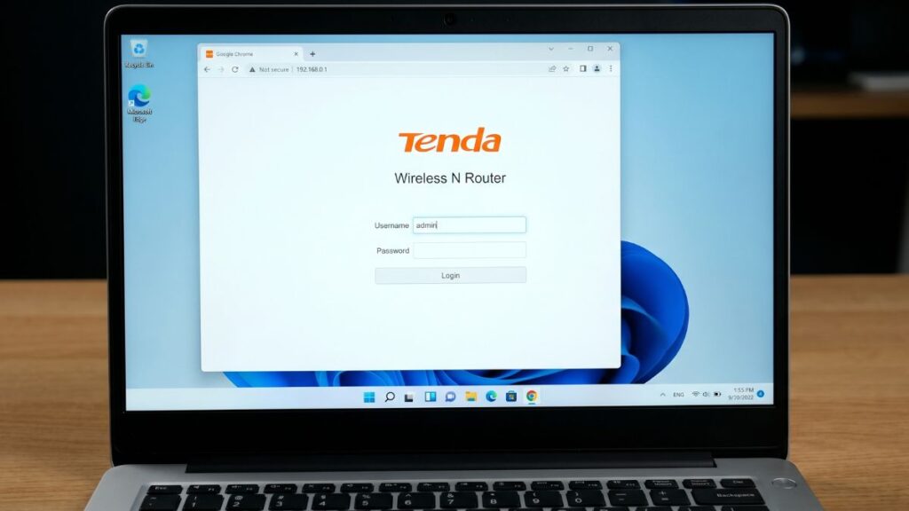 Tenda Wireless N Router admin login page opened in Chrome browser on a Windows laptop