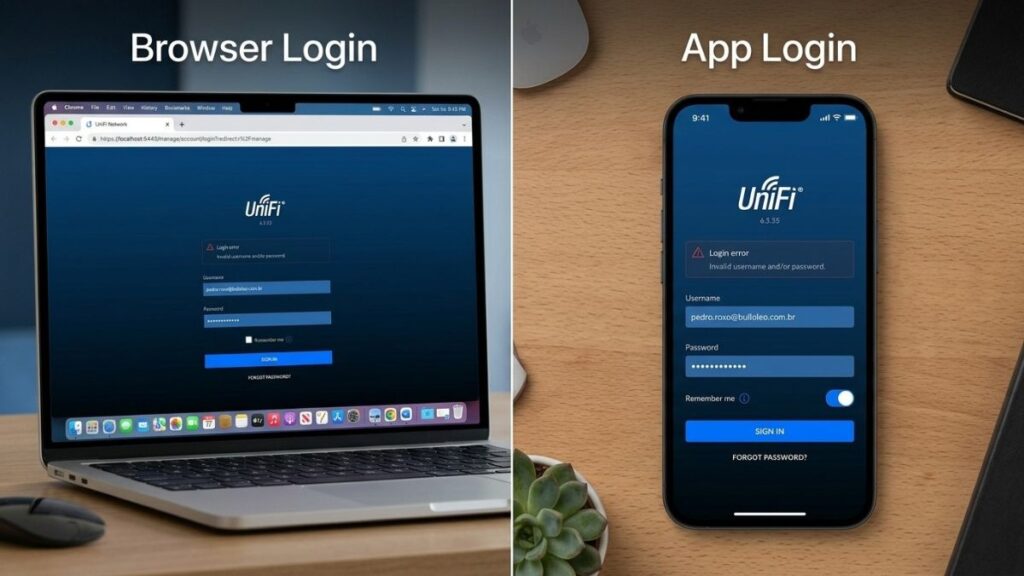 Side-by-side comparison of UniFi router browser login page on laptop and UniFi mobile app login screen on smartphone