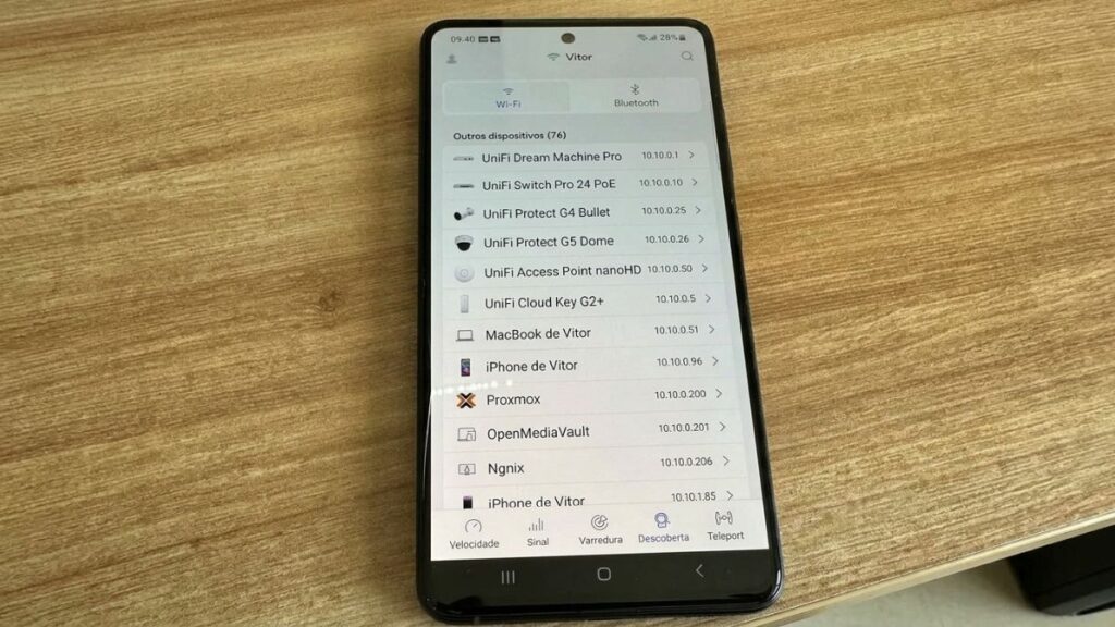 Smartphone displaying UniFi connected devices dashboard with network clients and IP addresses listed