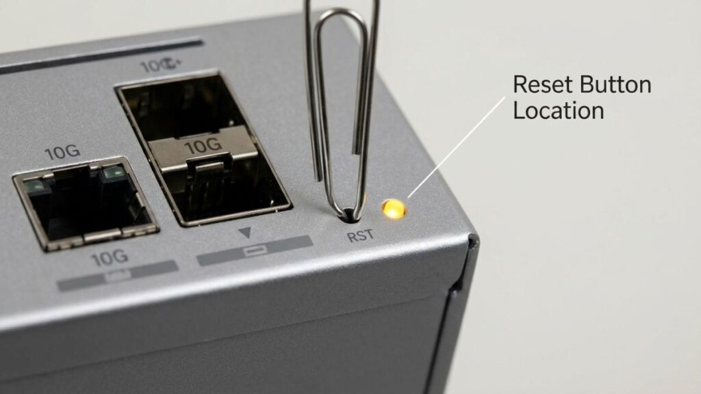 Close-up of UniFi router reset button location highlighted with a paperclip near 10G Ethernet ports