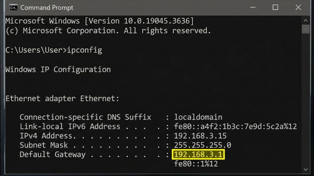 Windows Command Prompt displaying ipconfig results with default gateway IP address highlighted
