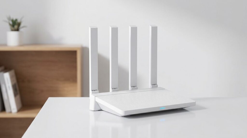 Xiaomi AX3000 WiFi router with four antennas placed on a desk in a modern home setup