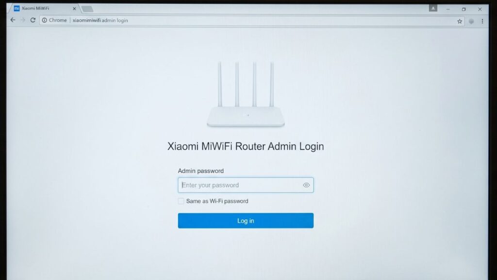 Laptop displaying Xiaomi MiWiFi router admin login page for accessing router settings