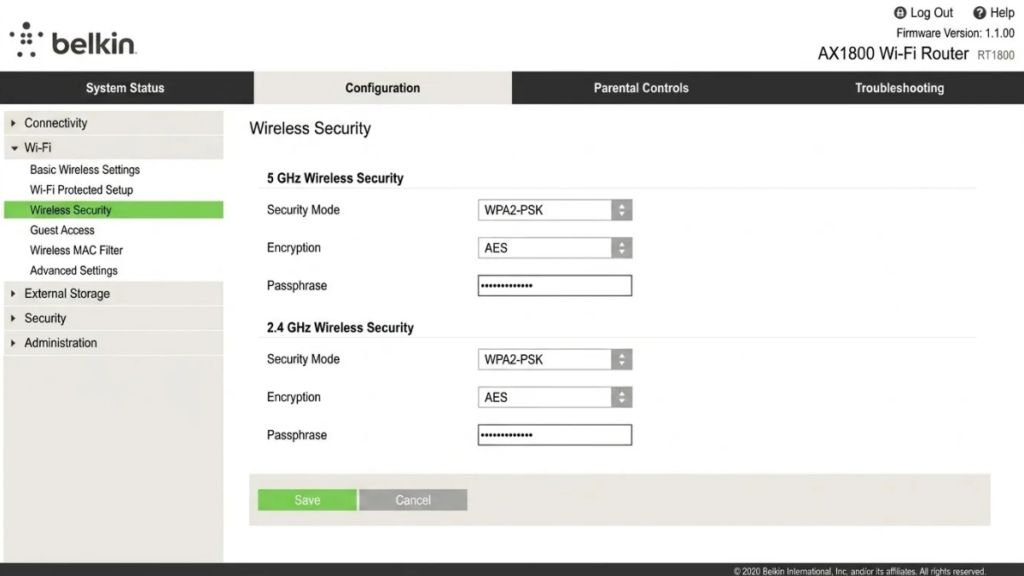 A desktop web browser view of the Belkin AX1800 router login dashboard under Configuration, showing the Wireless Security settings panel for both 5 GHz and 2.4 GHz bands with WPA2-PSK security mode selected.