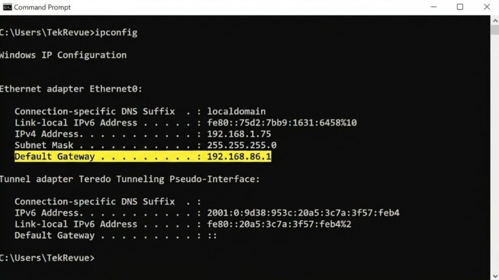 A Windows Command Prompt window showing the output of the ipconfig command, with the Default Gateway IP address 192.168.86.1 highlighted in a yellow bar.