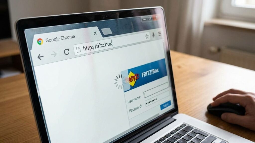 An angled view of a laptop screen displaying the FRITZ!Box router login page in a Google Chrome web browser with the address [http://fritz.box](http://fritz.box) typed into the URL bar.