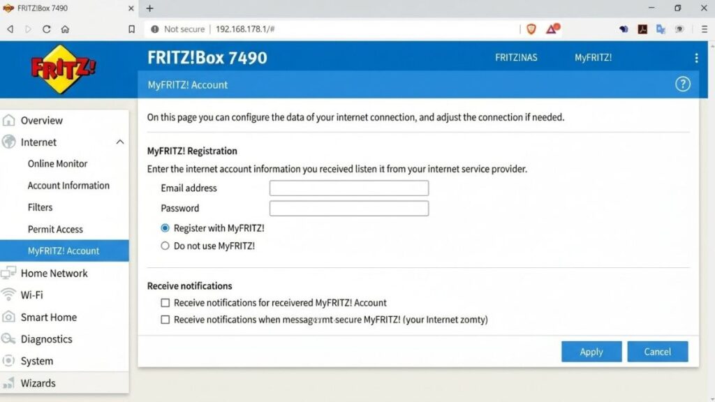 A desktop web browser view of the FRITZ!Box 7490 router login dashboard at the IP 192.168.178.1, showing the MyFRITZ! Account registration configuration page.