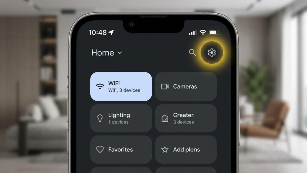 Close-up of a smartphone screen showing the Google Home app dashboard with the settings gear icon highlighted in a yellow glow to access router login configurations.