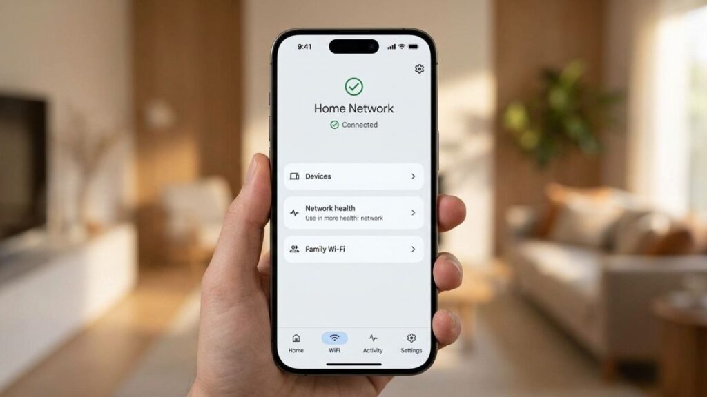 A close-up of a hand holding a modern smartphone, displaying a home network management app with options for 'Devices,' 'Network health,' and 'Family Wi-Fi' under a 'Connected' status.