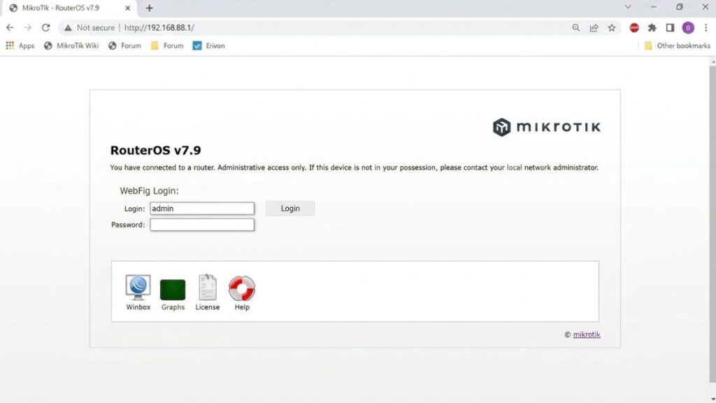 MikroTik login page for RouterOS v7.9 accessed through a web browser
