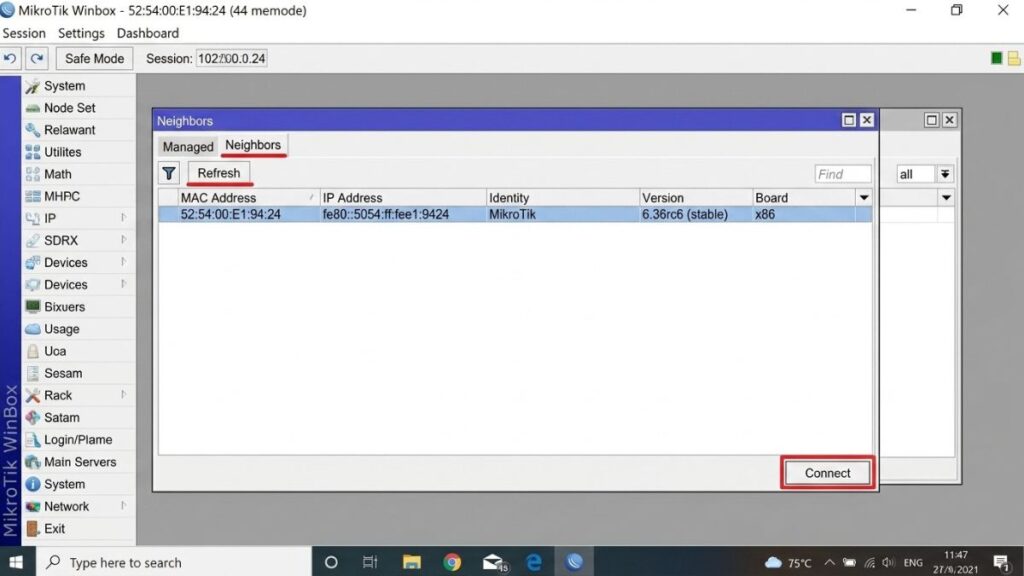 MikroTik WinBox login interface showing the Neighbors tab and detected router device