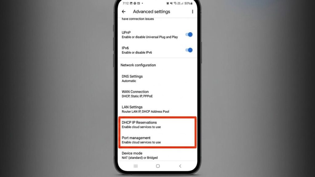 A smartphone screenshot displaying a router's Advanced Settings menu, featuring toggle options for UPnP and IPv6, alongside network configuration settings like DNS, WAN, and LAN. A red box highlights DHCP IP Reservations and Port management options.