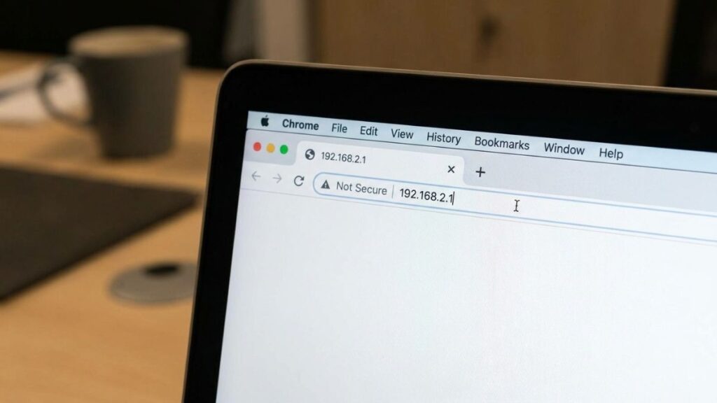 A close-up of a laptop screen showing the Google Chrome browser address bar with the router login IP 192.168.2.1 entered, displaying a 'Not Secure' warning flag.