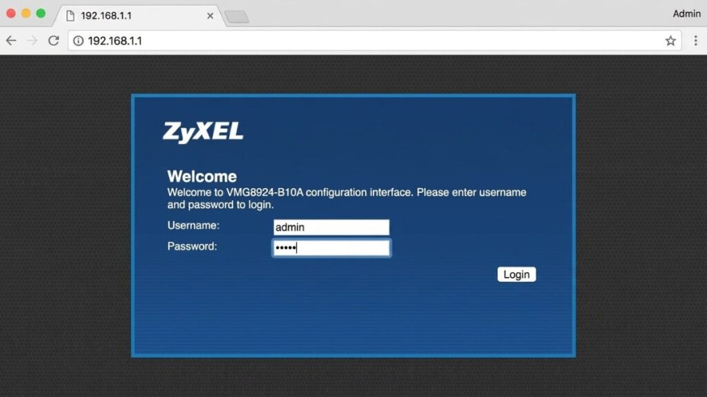 A desktop web browser window showing the Zyxel VMG8924-B10A configuration login interface at the IP address 192.168.1.1, with the username admin and a password entered in the text fields.