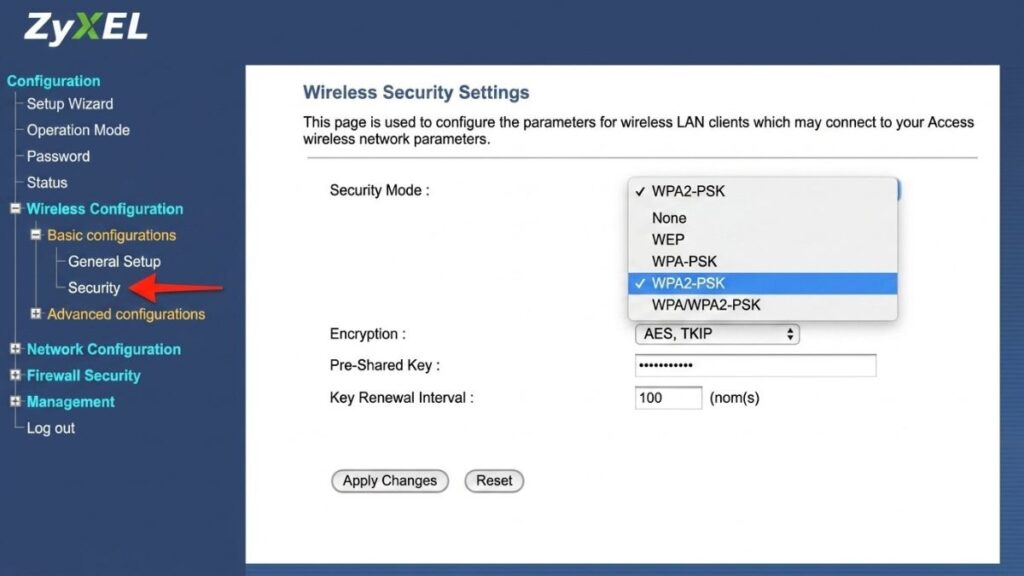 A desktop web browser view of a Zyxel router login admin panel, displaying the Wireless Security Settings page with a dropdown menu open showing options like WPA2-PSK, WEP, and WPA-PSK.